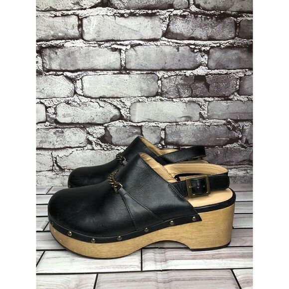 Silent D Georgia Clogs Mules Slingbacks Heeled Black Leather Wood Chain Women 41 - Picture 14 of 16